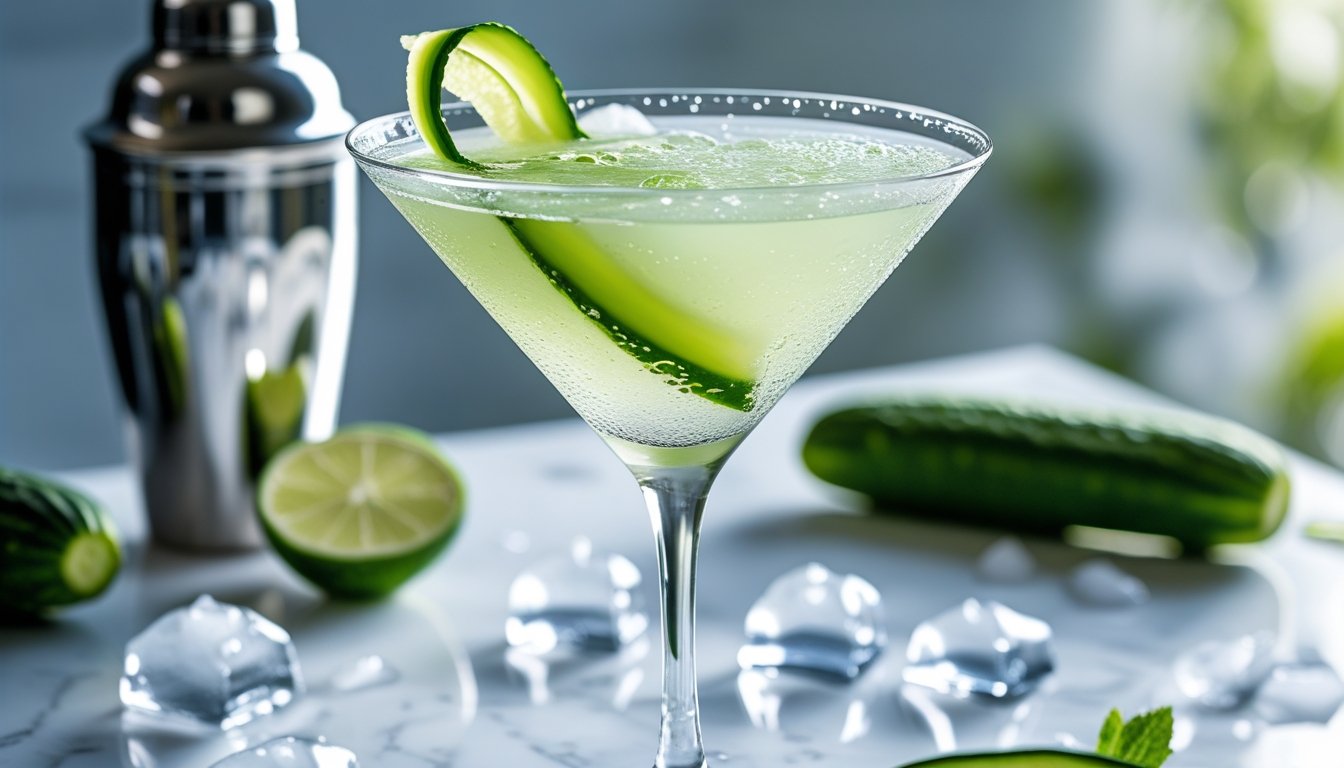 Cucumber martini in a chilled glass with cucumber ribbon garnish on a marble surface — cool, zesty, and refreshing cocktail presentation.