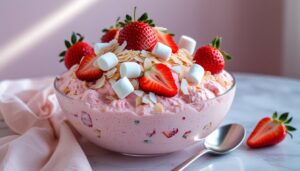 Creamy Strawberry Fluff Salad topped with fresh strawberries and mini marshmallows in a pastel bowl.