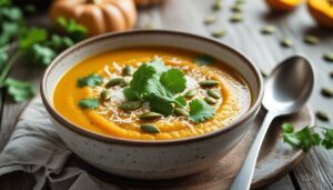 Bowl of zesty butternut squash soup with coconut, garnished with cilantro and pumpkin seeds on a rustic wooden table