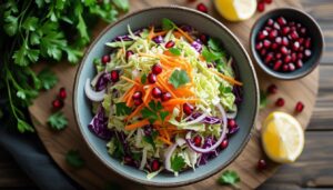 Kebab Shop Cabbage Salad in a rustic bowl with shredded cabbage, carrot, onion, garnished with parsley and pomegranate seeds, overhead shot.