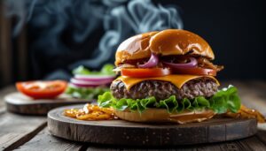 Homemade Wagyu beef burger with brioche bun, melted cheese, and gourmet toppings on a rustic wooden table.