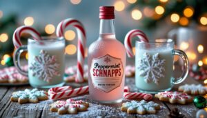“Homemade peppermint schnapps in glass bottle with candy canes and winter lights on wooden table