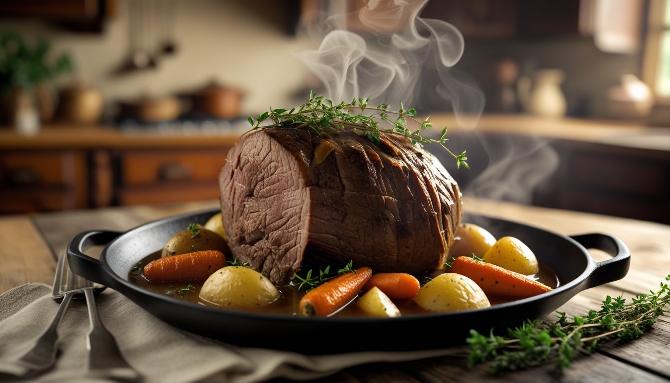 Homemade classical pot roast served with vegetables and gravy – the ultimate comfort meal.
