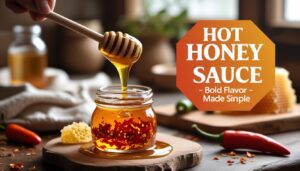 Homemade hot honey sauce in a jar with red chili flakes and honey drizzle – easy sweet and spicy recipe.
