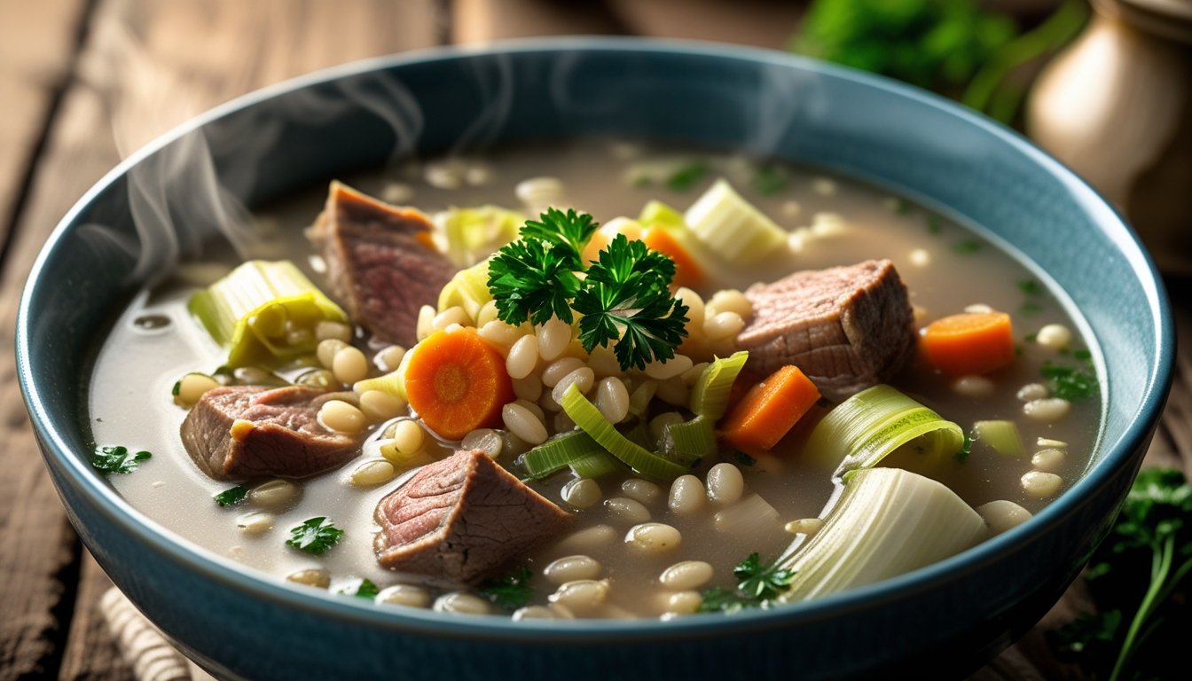 Steaming bowl of Scotch Broth Scottish Soup with lamb, barley, root vegetables, and fresh parsley on a rustic wooden table