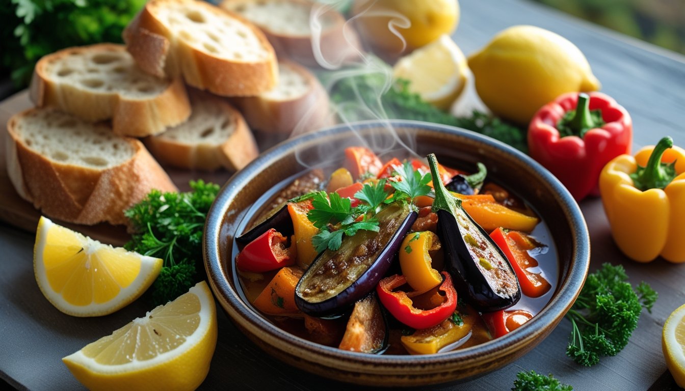 Pepper Saksuka Turkish meze in a ceramic bowl with roasted peppers, crusty bread, parsley, and lemon wedges.