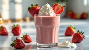 Panera strawberry smoothie in a glass topped with whipped cream and fresh strawberries, served on a marble kitchen counter.