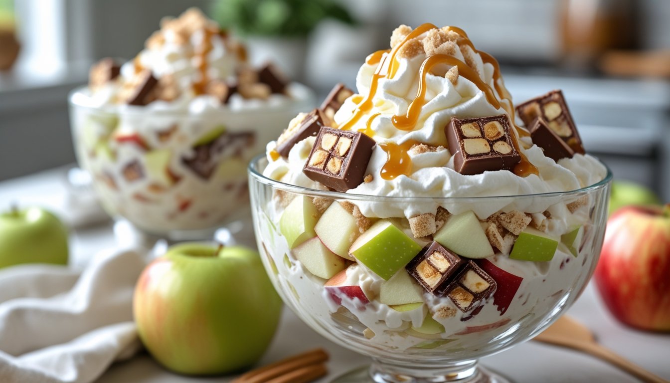 Creamy Apple Snicker Salad topped with caramel drizzle and chopped Snickers bars in a glass bowl – delicious dessert recipe everyone’s talking about.