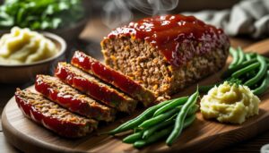 Freshly baked juicy homemade meatloaf with glossy ketchup glaze served with mashed potatoes and green beans