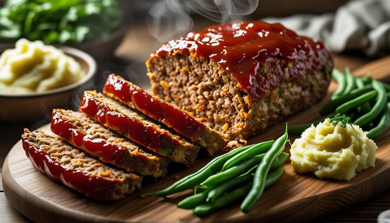 Freshly baked juicy homemade meatloaf with glossy ketchup glaze served with mashed potatoes and green beans