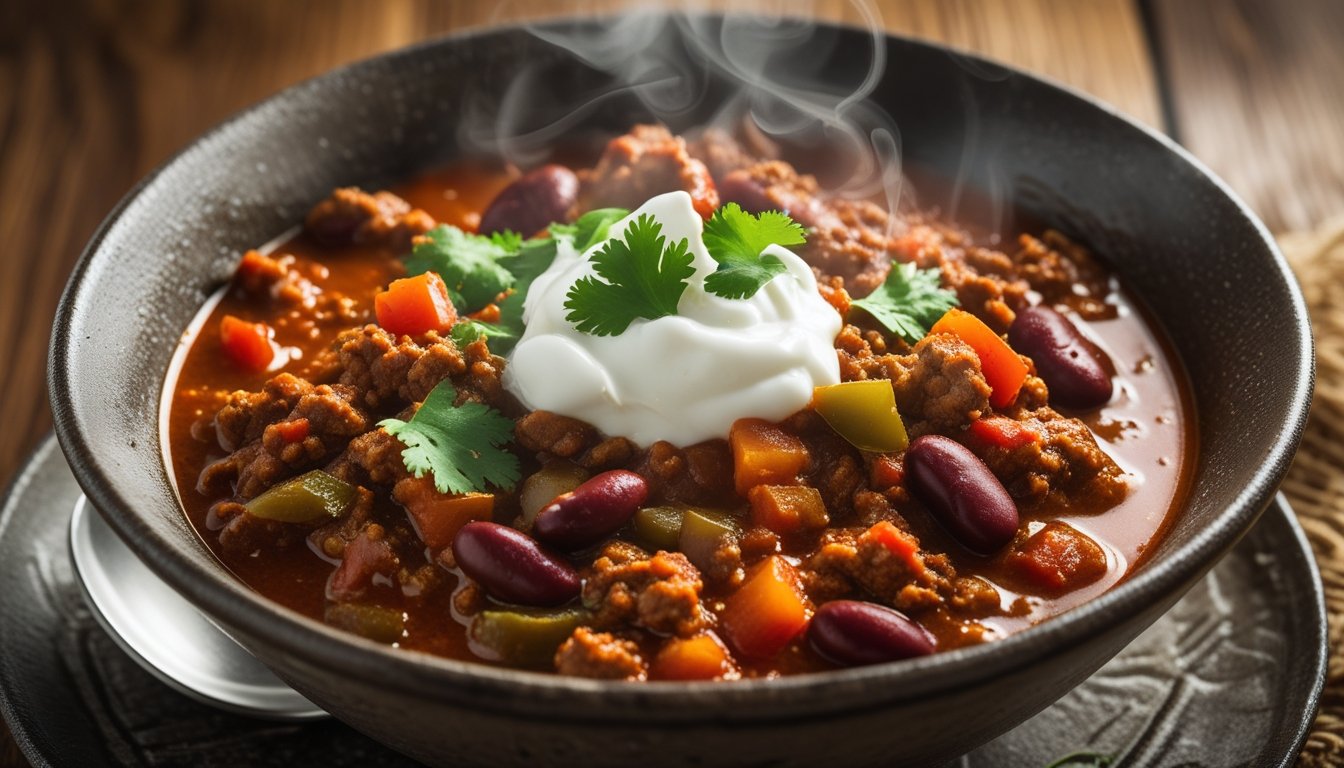 Spicy and savory chilli con carne with minced beef, kidney beans, bell peppers, and fresh coriander in a rustic bowl.