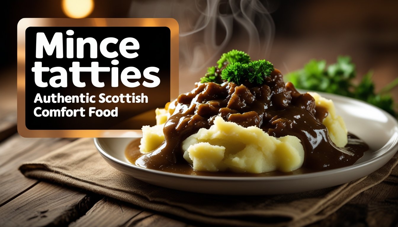 “Plate of traditional Scottish Mince and Tatties with rich gravy and fluffy mashed potatoes, garnished with parsley, served on a rustic wooden table.