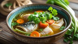Steaming bowl of quick fish head soup with vegetables and fresh herbs, ready to serve