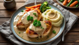 Plate of golden-brown chicken with creamy gravy, mashed potatoes, and vegetables, showcasing an easy homemade comfort food recipe.
