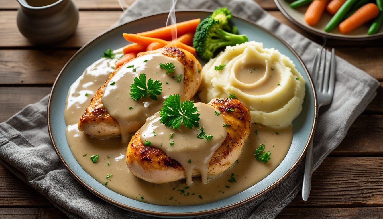 Plate of golden-brown chicken with creamy gravy, mashed potatoes, and vegetables, showcasing an easy homemade comfort food recipe.