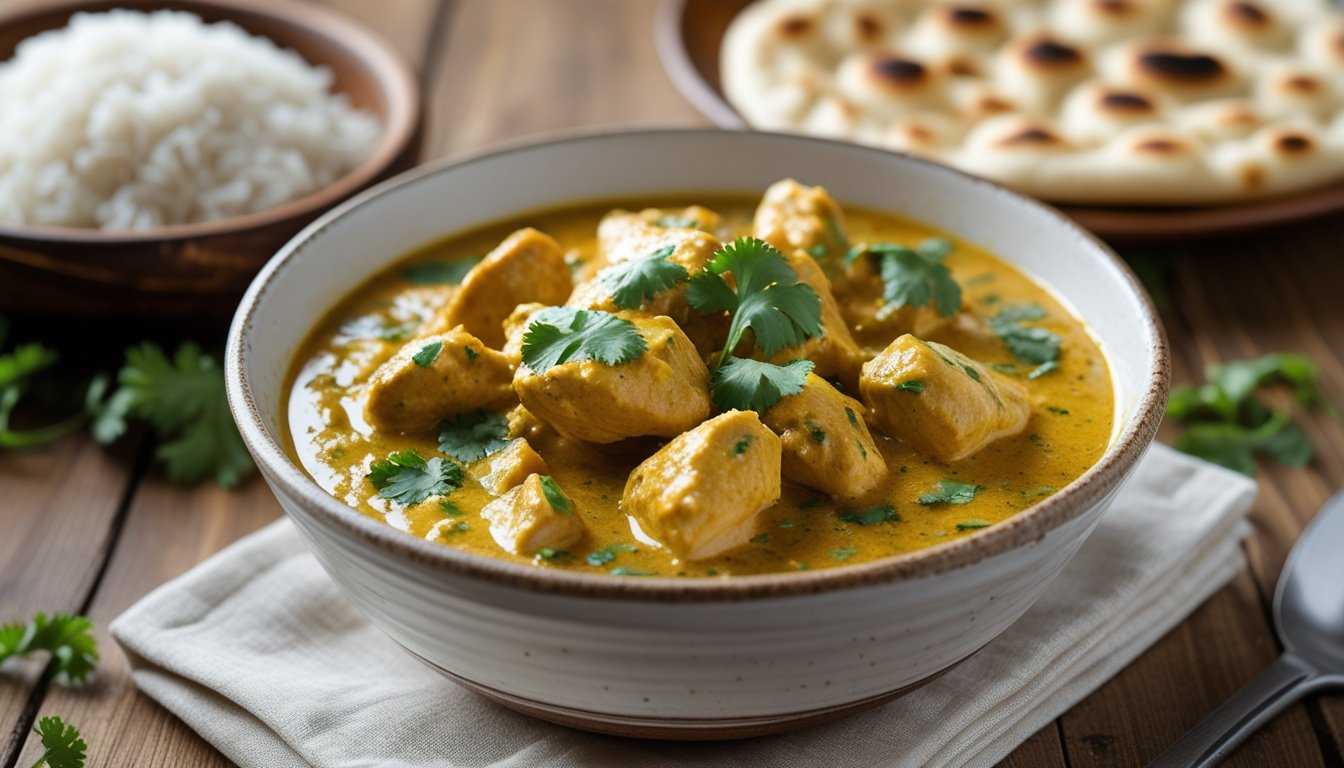 Authentic chicken korma with coconut milk served with basmati rice and naan, garnished with fresh coriander