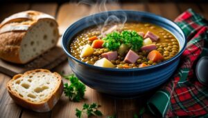 Bowl of authentic Scottish lentil soup with ham hough, garnished with parsley and served with crusty bread in a cozy rustic kitchen setting