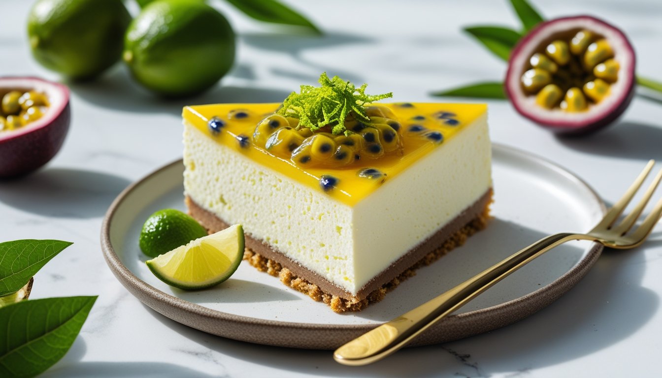 Creamy passionfruit cheesecake with lime zest and fresh passionfruit topping on marble table