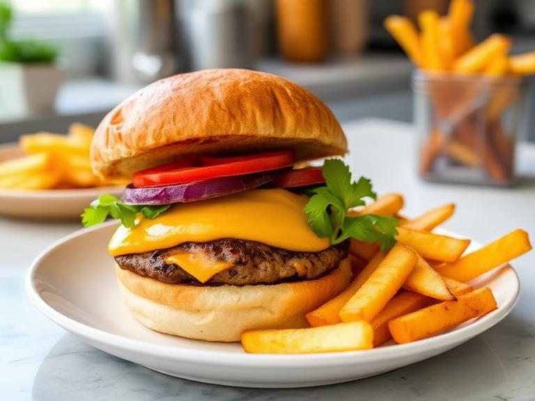 Air fryer cheeseburger fakeaway served with crispy air fryer fries for complete fast food style meal at hom