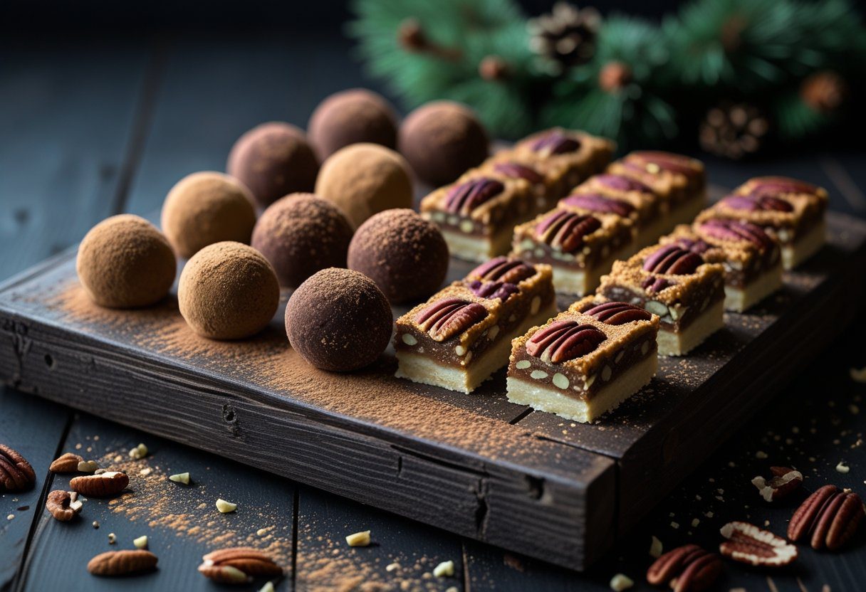 Assorted keto truffles and low carb pecan pie bars on tray, sprinkled nuts and cocoa — diabetic‑safe festive dessert table.