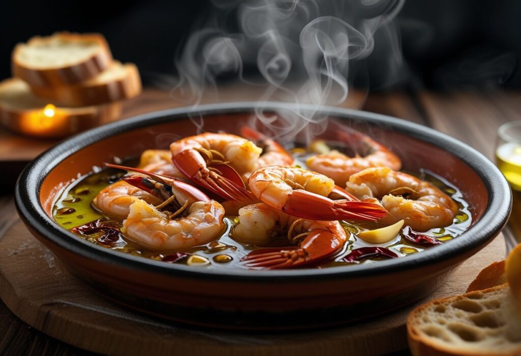 Authentic Gambas Pil Pil prawn tapas dish sizzling in olive oil with garlic and chili, traditional Spanish garlic prawns served hot with crusty bread