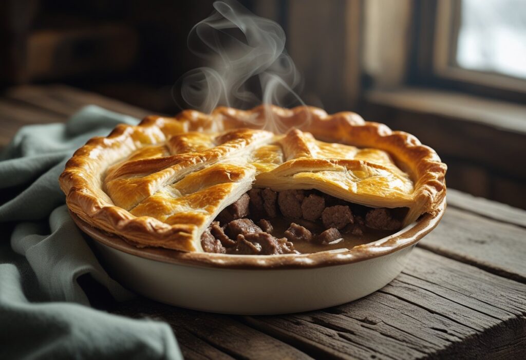 Authentic Scottish steak and sausage pie with flaky puff pastry and rich gravy served in a rustic pie dish, showcasing hearty comfort food tradition
