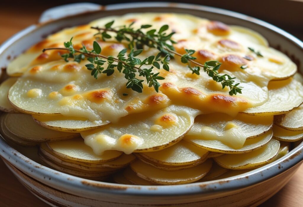 Baked dauphinoise potatoes with cheese showing creamy layers, golden melted Gruyère, garnished with fresh thyme, ultimate cheesy potato gratin side dish