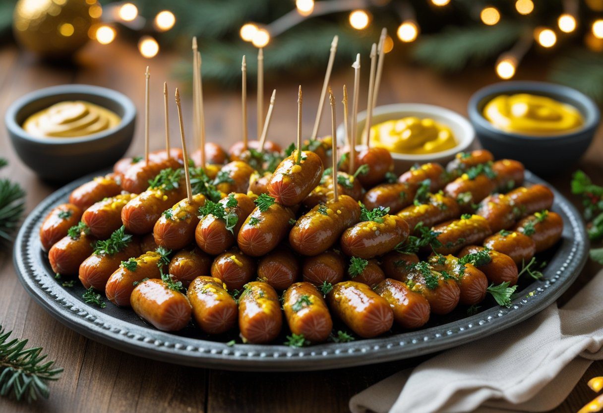 Baked honey and mustard cocktail sausages arranged with cocktail sticks, garnished with fresh herbs, served with mustard and spicy mayo dips, ideal party appetizer.