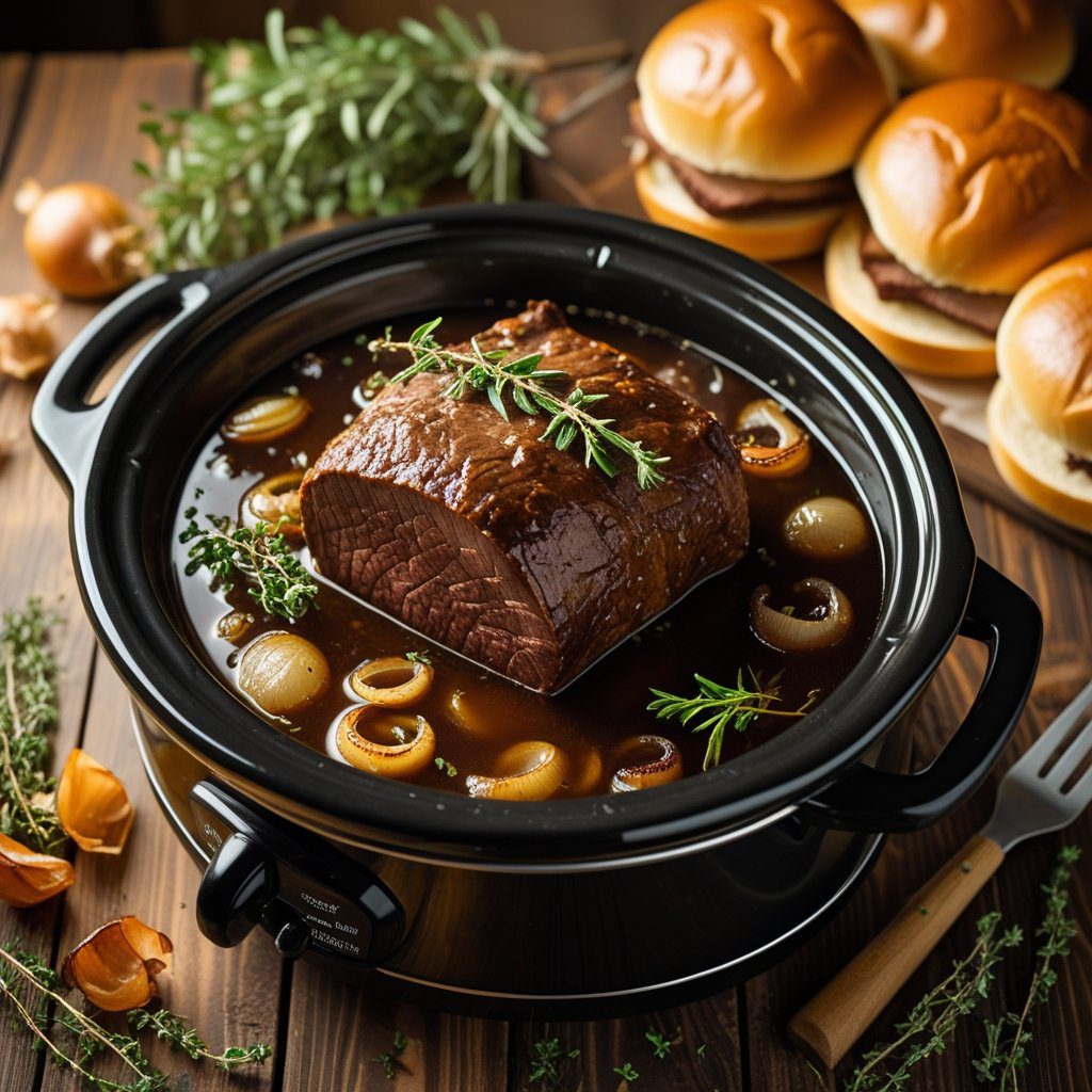 Best easy crockpot French dip sandwich with tender beef, caramelized onions, and rich au jus, served with soft sandwich rolls on a rustic wooden table, ultimate comfort food recipe.