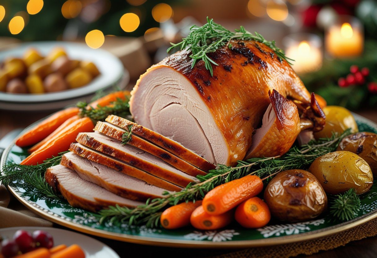 Best turkey breast roast sliced on festive Christmas platter, garnished with rosemary and thyme,