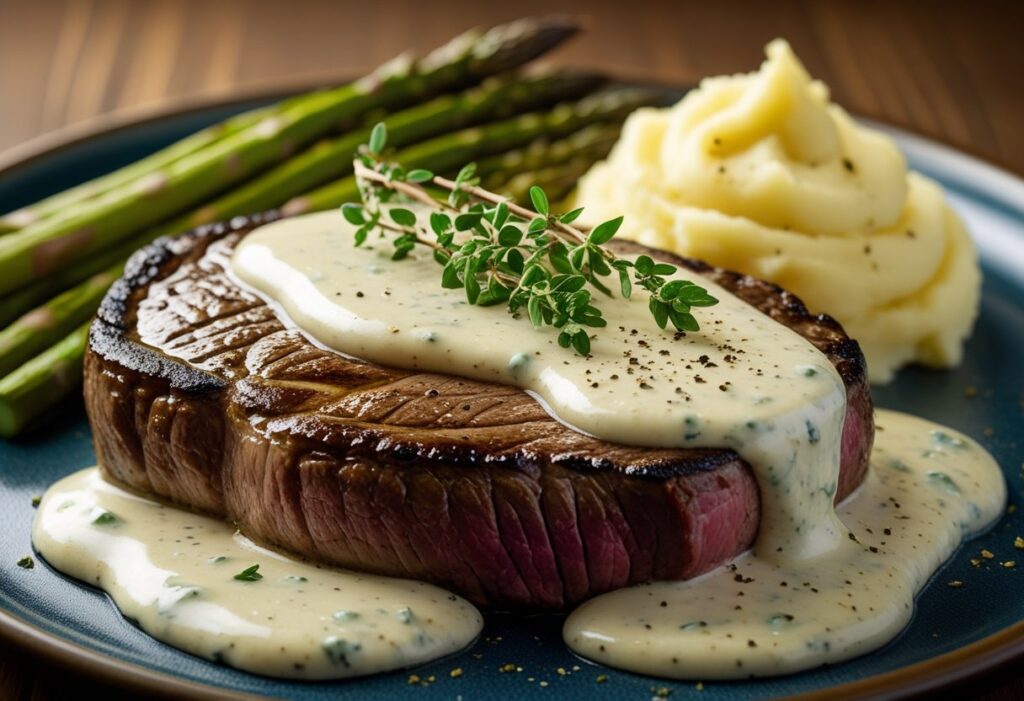 Blue cheese sauce for steak poured over ribeye with roasted asparagus and mashed potatoes, creamy gourmet 10-minute steak sauce, restaurant-style dinner