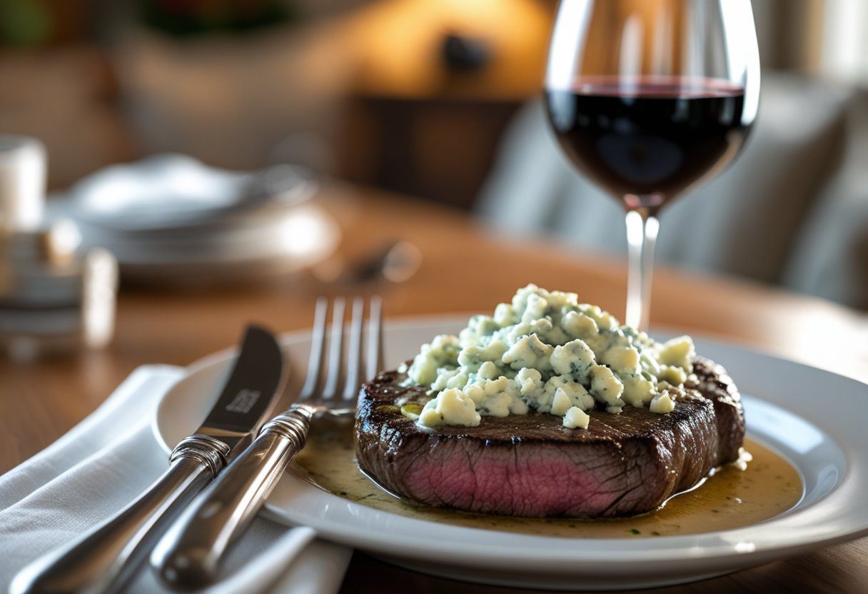 Blue cheese sauce for steak served on elegant dinner table, gourmet 10-minute steak sauce recipe with sides and wine