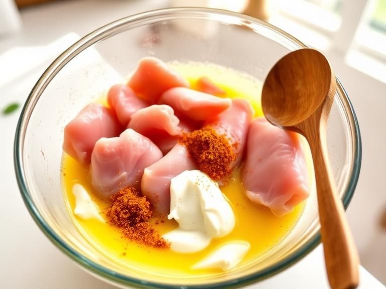 Boneless chicken marinating in garlic paste, turmeric, red chilli powder, and yogurt, prepared for juicy and spicy garlic chilli chicken curry.