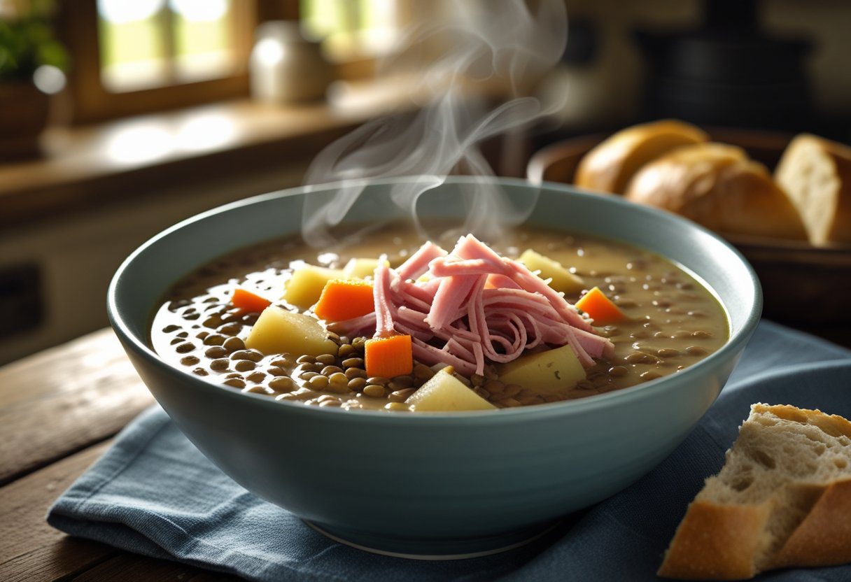 Bowl of authentic Scottish lentil soup with smoky ham hough, red lentils, carrots, potatoes, and neeps on a rustic wooden table,