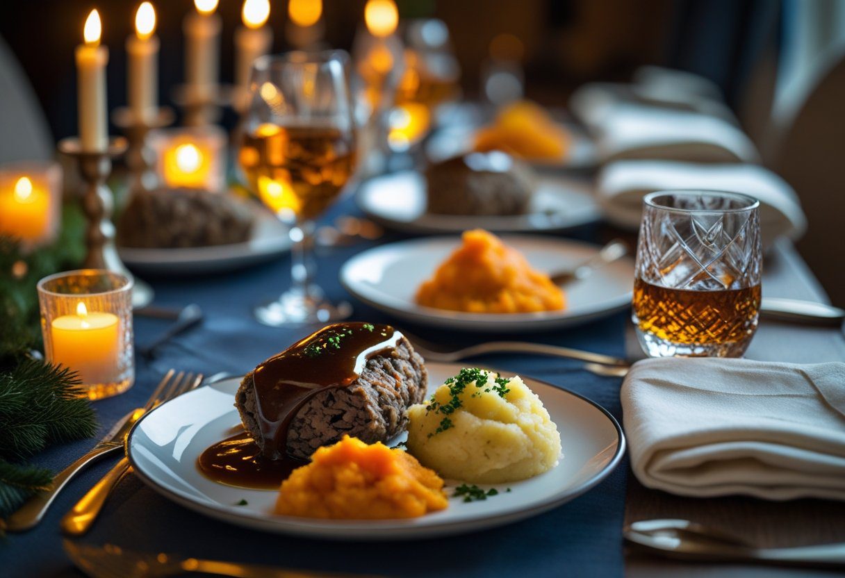 Burns Night table featuring haggis with whisky sauce, neeps, and tatties, with whisky glasses and candles, highlighting traditional Scottish cuisine celebration.