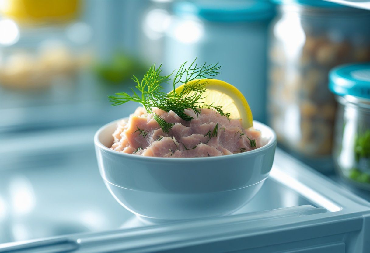 Chilled smoked trout pâté garnished with fresh dill and lemon slice, ready to serve after resting in the refrigerator to enhance flavor