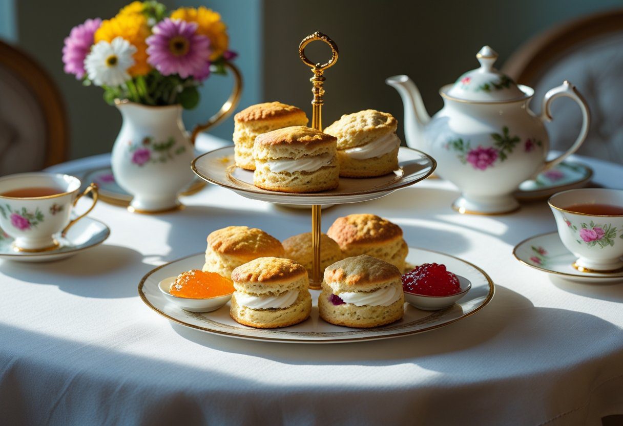 Classic British afternoon tea setup featuring golden fruit scones with clotted cream and jam on a tiered tray