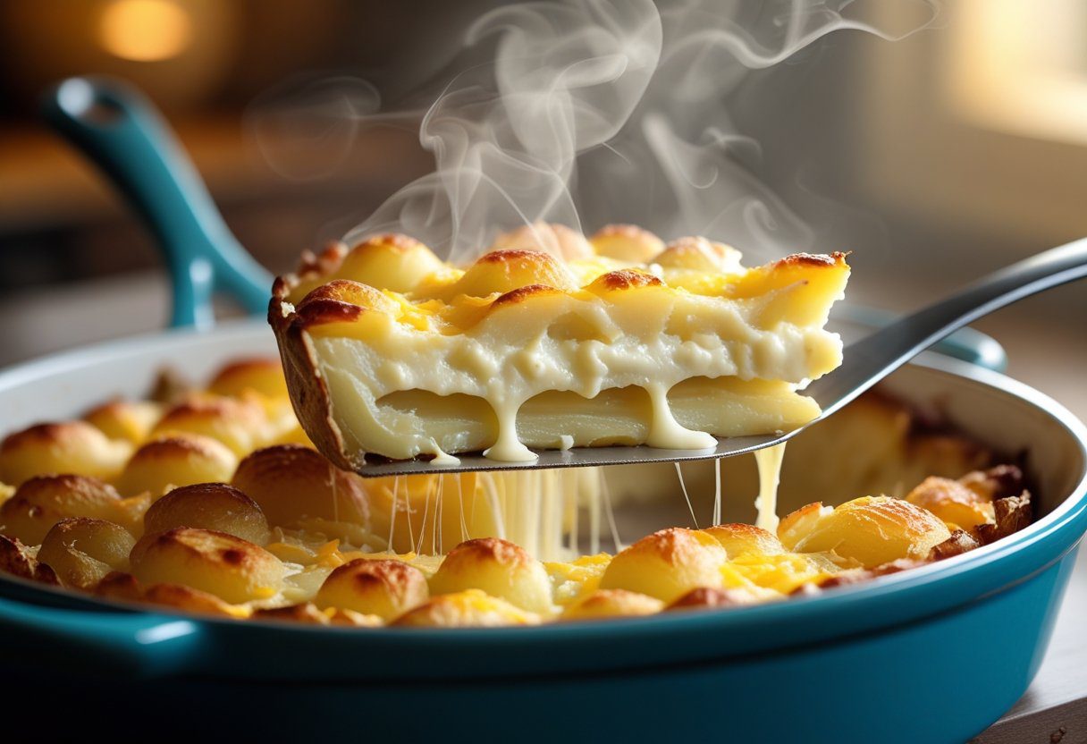 “Close-up of creamy dauphinoise potatoes with cheese layers, melted Gruyère oozing, soft golden crust, rich and indulgent French potato gratin.