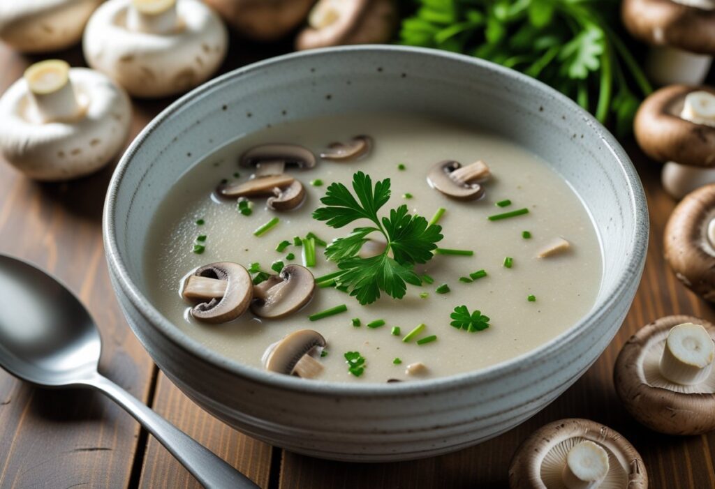 Creamy mushroom soup without cream garnished with parsley and chives, served in a rustic bowl with fresh mushrooms on a wooden table, healthy and easy recipe