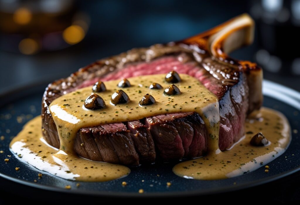 Creamy peppercorn sauce poured over sliced ribeye steak, showing rich restaurant-style steak sauce texture with cracked black peppercorns and glossy finish