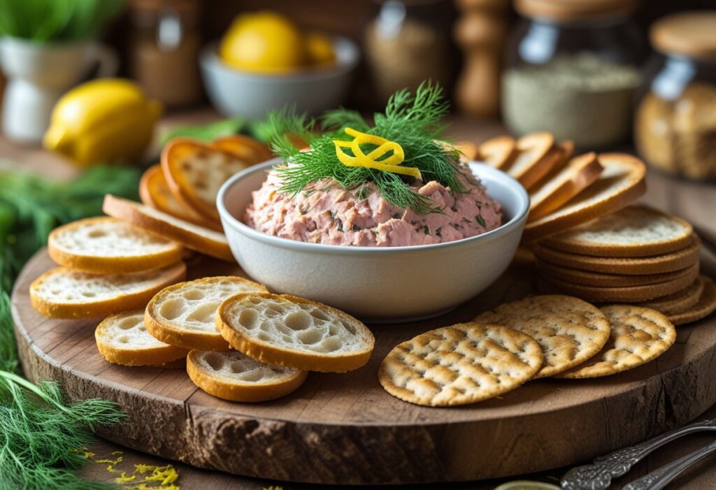 Creamy smoked trout pâté garnished with dill and lemon zest on a rustic wooden board with toasted baguette slices, crackers, and pitta chips, ready to serve as an elegant appetizer.”