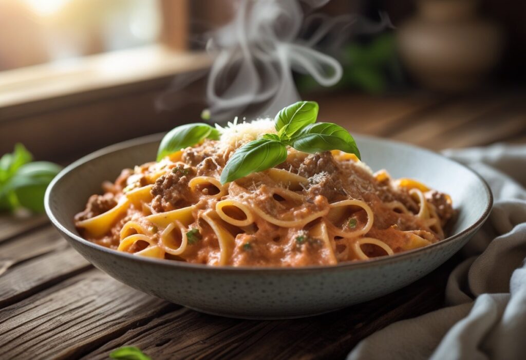 Creamy tomato beef pasta in a bowl with rich tomato cream sauce, ground beef, and Parmesan cheese, a cozy 30-minute comfort food dinner