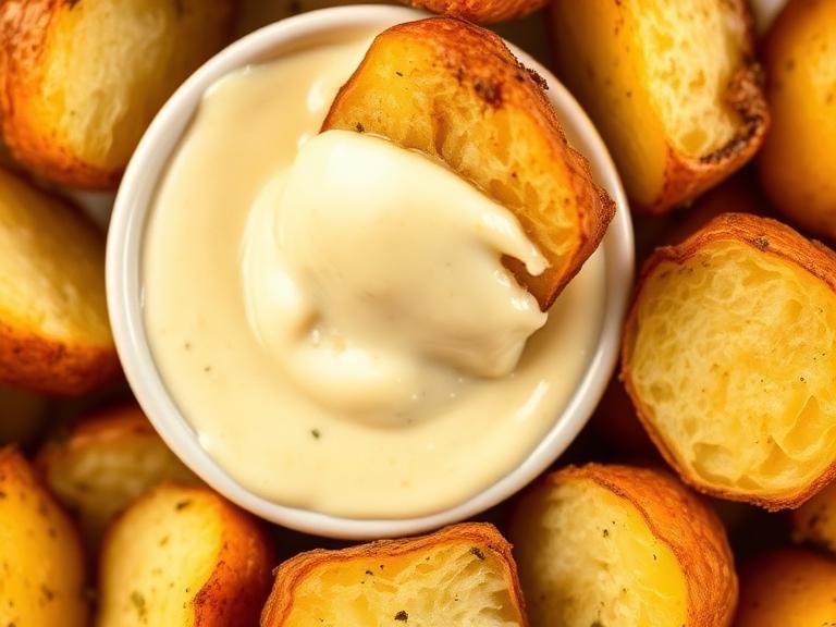 Crispy air fryer beef dripping roast potatoes being dipped into creamy garlic aioli, golden outside, fluffy inside, ready to serve