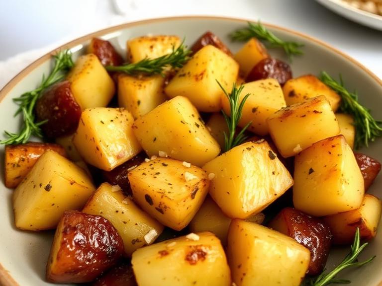 Crispy air fryer beef dripping roast potatoes topped with fresh rosemary and garlic, golden outside, tender inside.