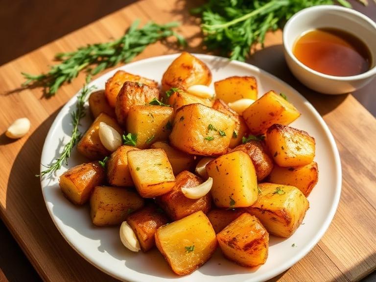 Crispy golden air fryer beef dripping roast potatoes plated with fresh rosemary and garlic, fluffy inside, served with dipping sauce.