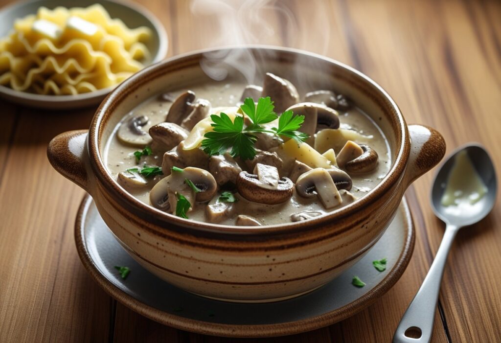 Easy Beef & Mushroom Stroganoff Slow Cooker recipe served in a rustic bowl with tender beef, earthy mushrooms, creamy sauce, and buttered egg noodles, garnished with fresh parsley