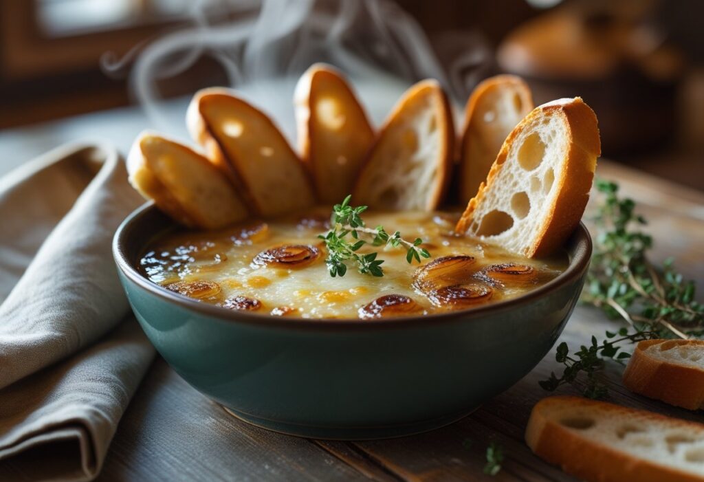 “Easy French Onion Soup Foolproof Recipe in Minutes – golden caramelized onions, melted Gruyère cheese, toasted baguette, fresh thyme, rustic cozy kitchen setting