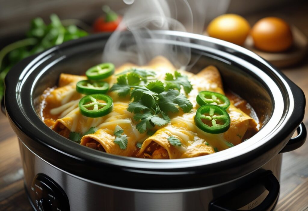 Easy and delicious crockpot chicken enchilada casserole for busy nights served in a slow cooker with melted cheese, shredded chicken, enchilada sauce, corn tortillas, and fresh toppings