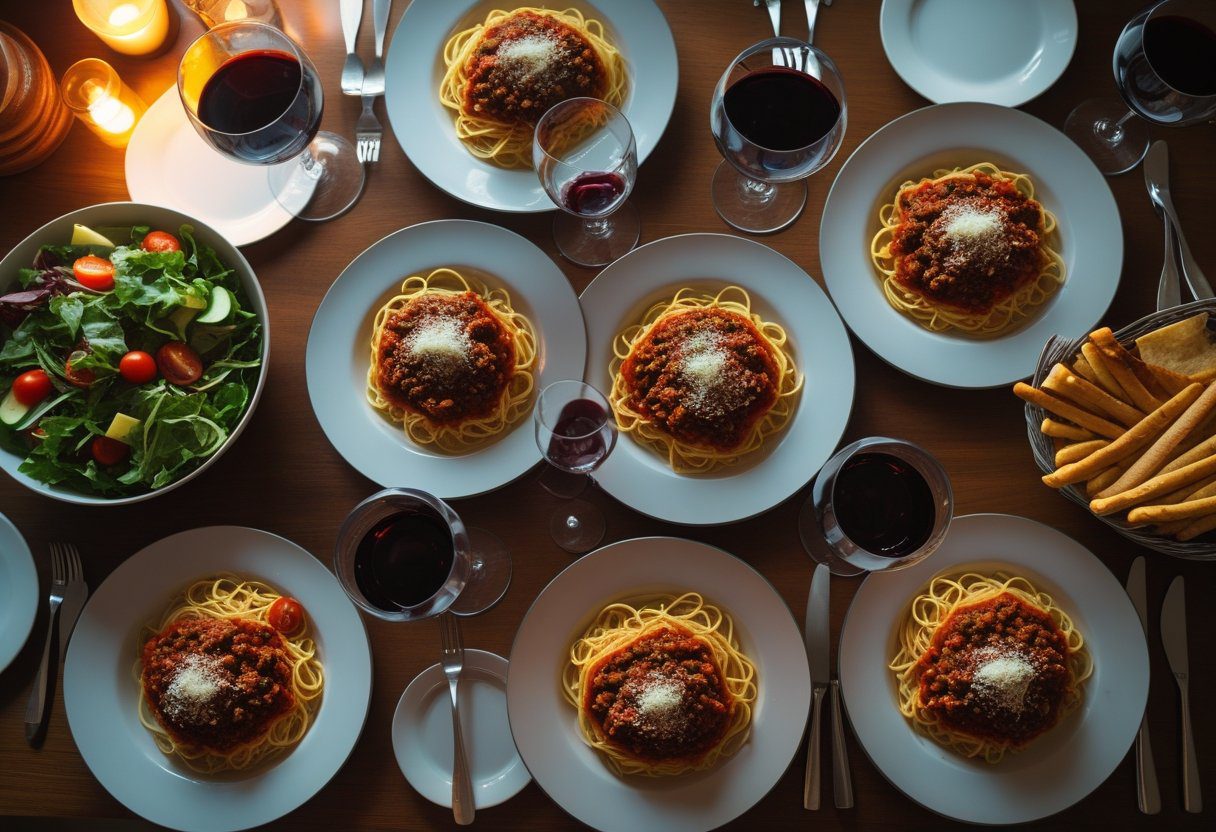 Family enjoying ultimate spaghetti Bolognese easy recipe at dinner table with rich meat sauce, pasta, red wine, and fresh salad