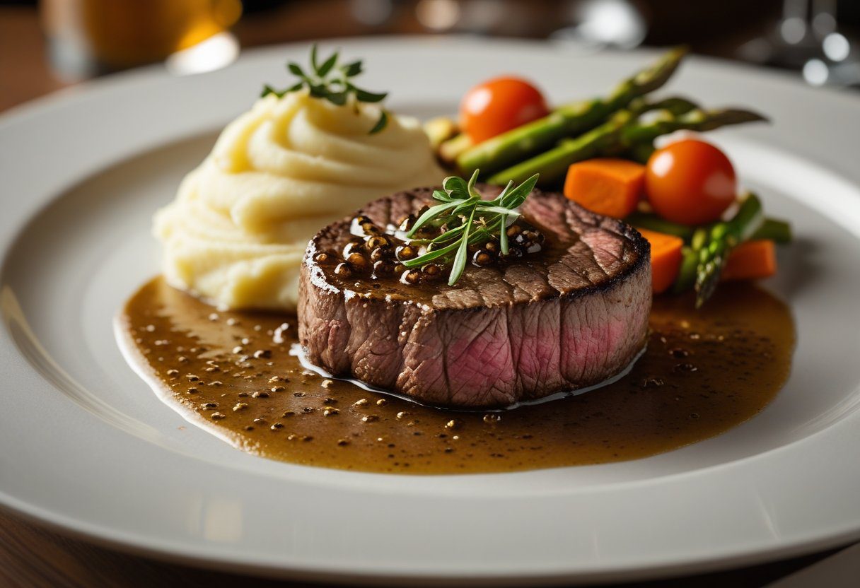 Filet mignon served with creamy peppercorn sauce alongside mashed potatoes and roasted vegetables, classic steakhouse meal presentation